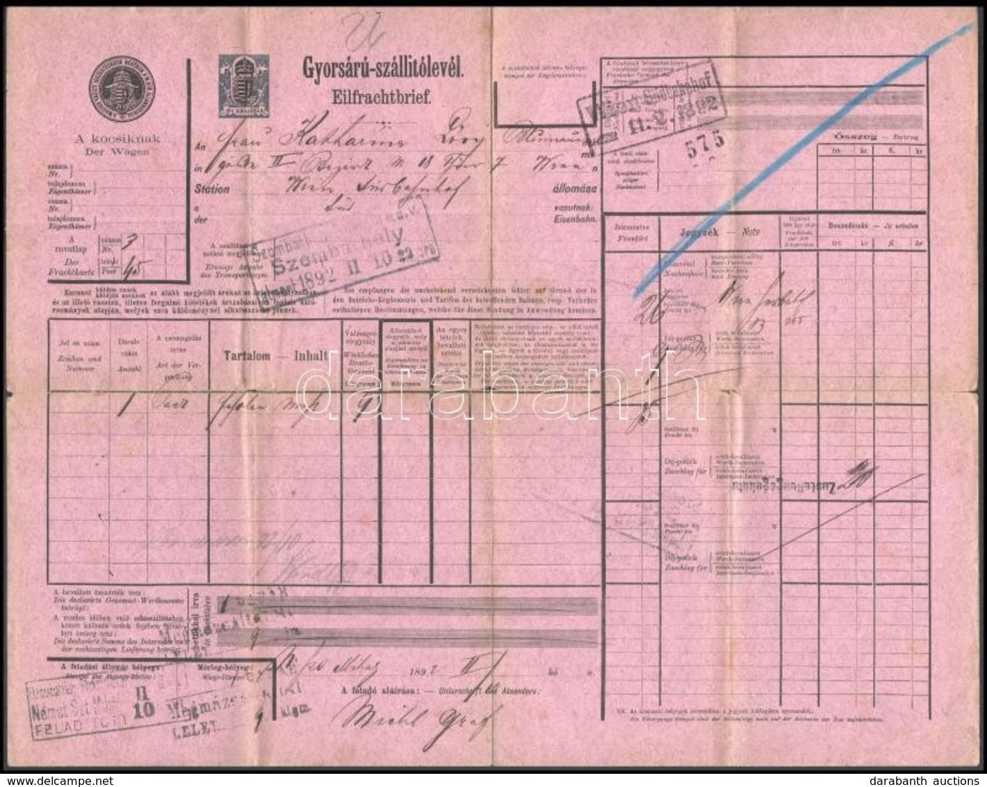 1892 Gyorsárú Szállítólevél Németszentmihályról Bécsbe - Zonder Classificatie