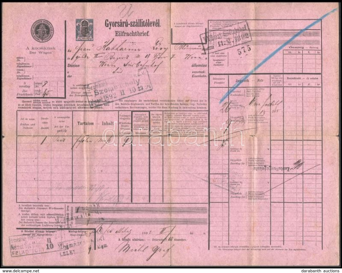 1892 Gyorsárú Szállítólevél Németszentmihályról Bécsbe - Sin Clasificación