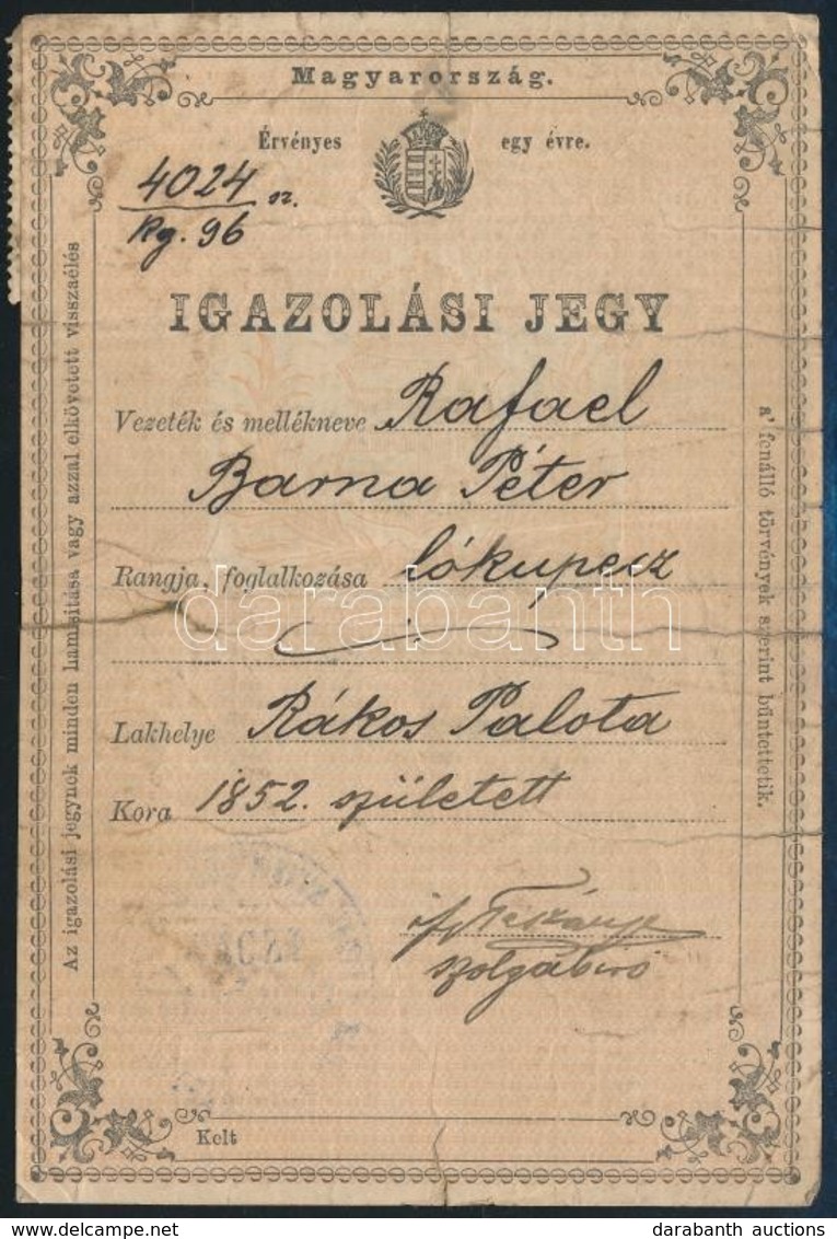 1896 Igazolási Jegy Lókupec Részére - Non Classés