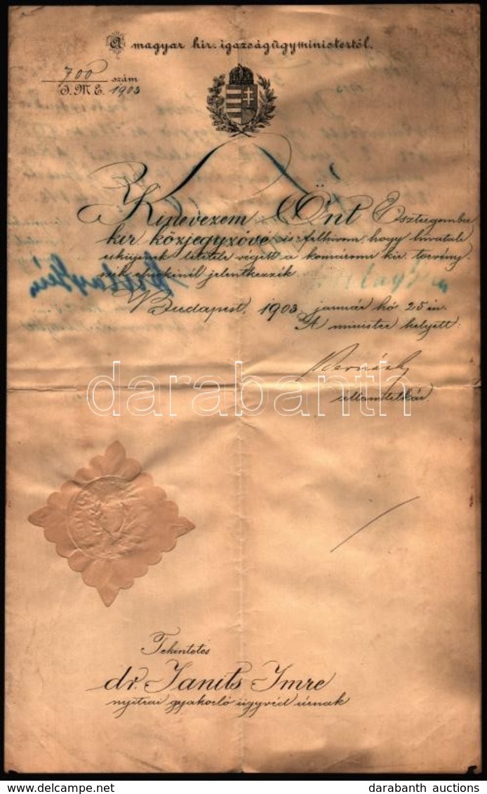 1903 Közjegyzői Kinevezés Dr. Janits Imre, A Közjegyzői Kamara Későbbi Elnökének Részére. - Unclassified