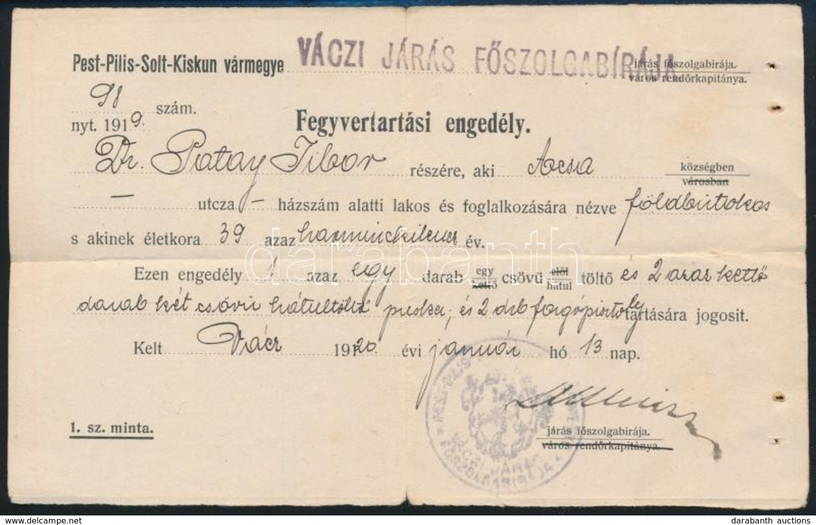 1920 Fegyvertartási Engedély Vác. - Ohne Zuordnung