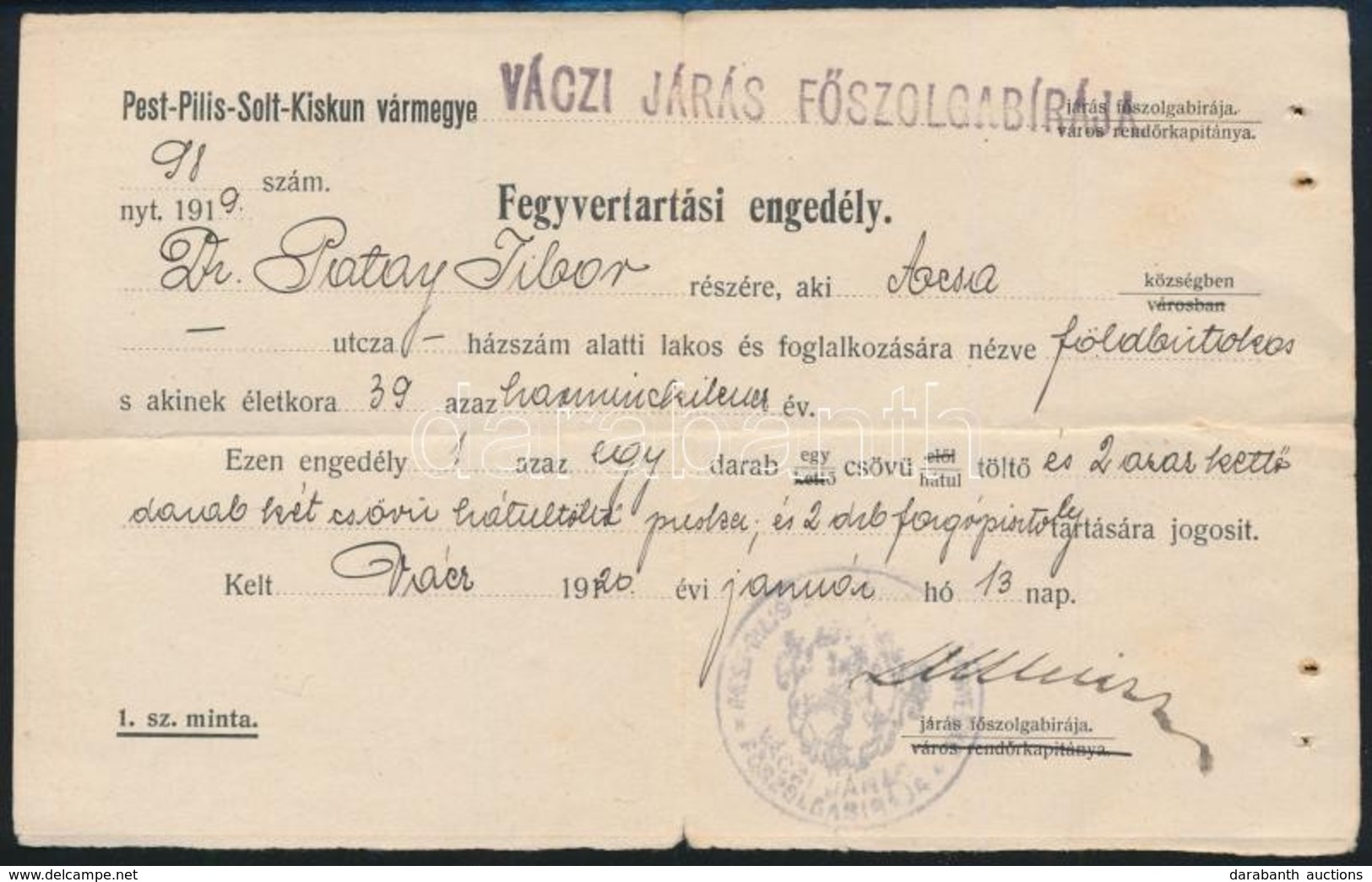 1920 Fegyvertartási Engedély Vác. - Unclassified