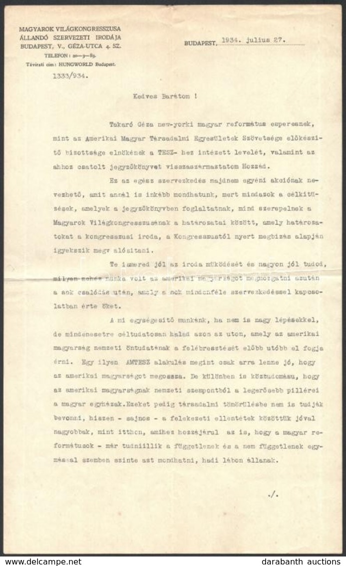 1934 Nagy Károly, A Magyarok VIlágkongresszusa Tisztviselőjének Gépelt, Aláírt Levele Szörtsey József Kormányfőtanácsos, - Zonder Classificatie