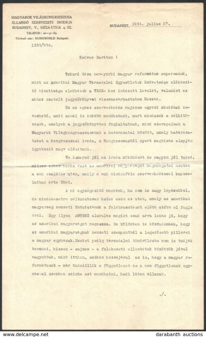1934 Nagy Károly, A Magyarok VIlágkongresszusa Tisztviselőjének Gépelt, Aláírt Levele Szörtsey József Kormányfőtanácsos, - Sin Clasificación