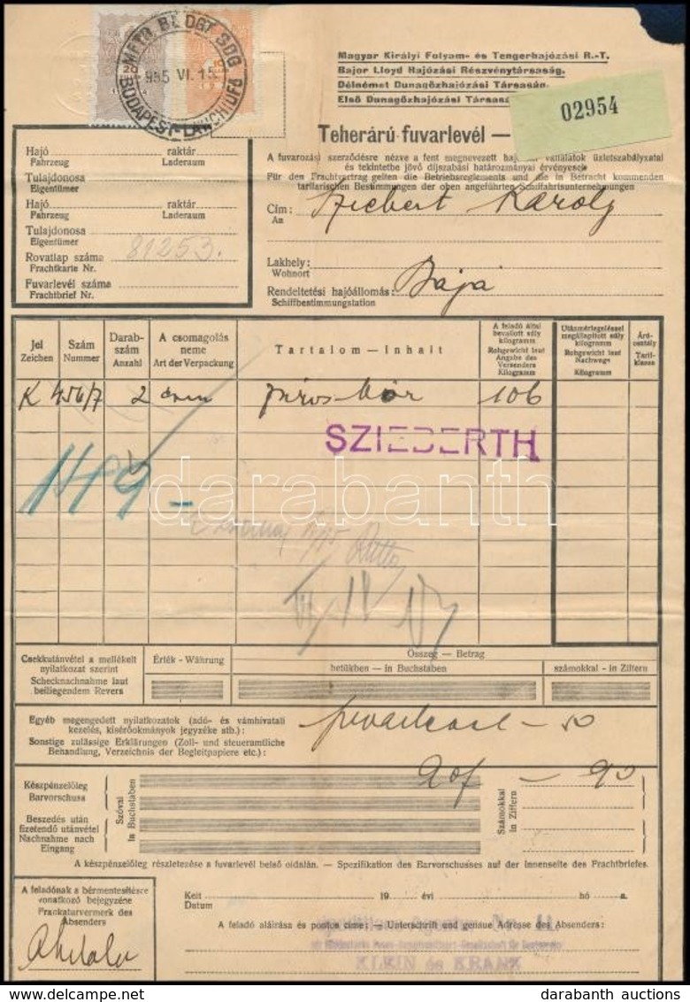 1935 Magyar Királyi Folyam- és Tengerhajózási Rt. Teheráru-fuvarlevél Okmánybélyegekkel - Zonder Classificatie