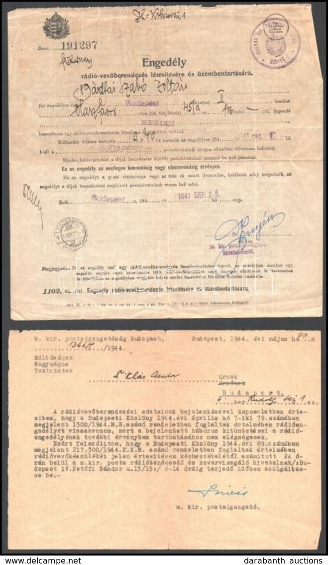 Cca 1941-1944 Rádiózással Kapcsolatos Okmányok: Rádiótartási Engedély, Csomagcímke, Engedély Visszavonása, összesen 3 Db - Zonder Classificatie