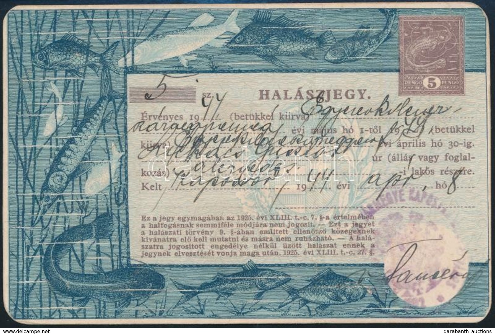 1944 Halászjegy  Típ 13. / Fishing Licence - Zonder Classificatie