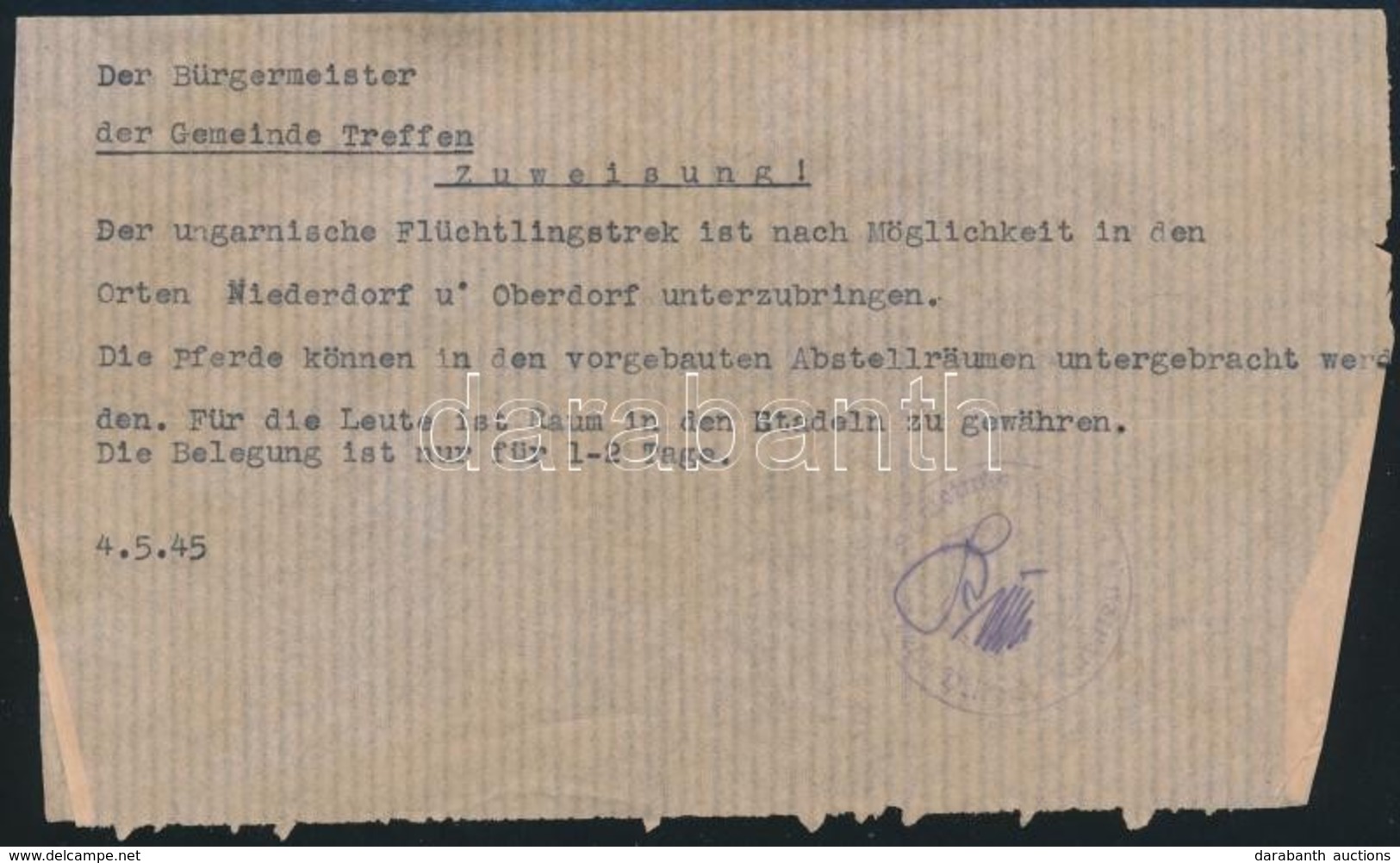 1945 Menekültek Számára Lókiutalásról Szóló Német Nyelvű Okmány - Zonder Classificatie