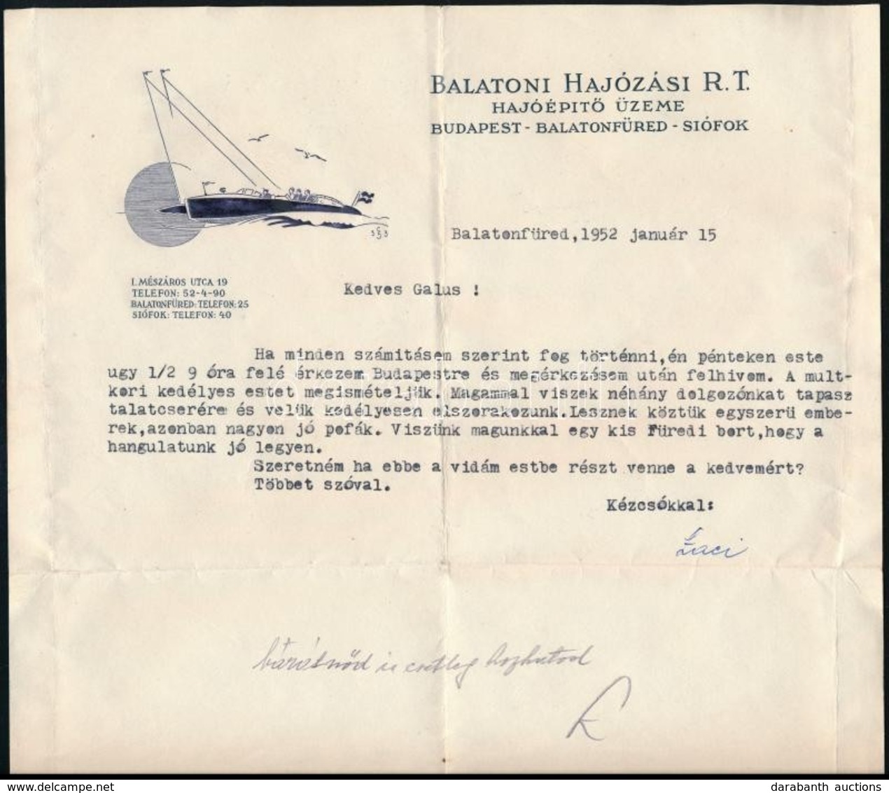 1952 Balatonfüred, Balatoni Hajózási Rt. Hajóépítő Üzemének Fejléces Levélpapírjára írt Levél - Zonder Classificatie
