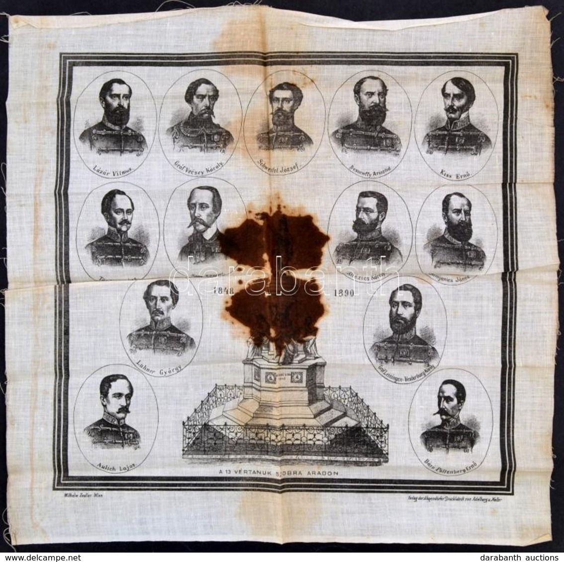 1890 Az Aradi Vértanúk Emlékművének Felállítása Alkalmából Kiadott Vászon Emlék Kendő Az 1848-49-es Szabadságharc áldoza - Non Classés