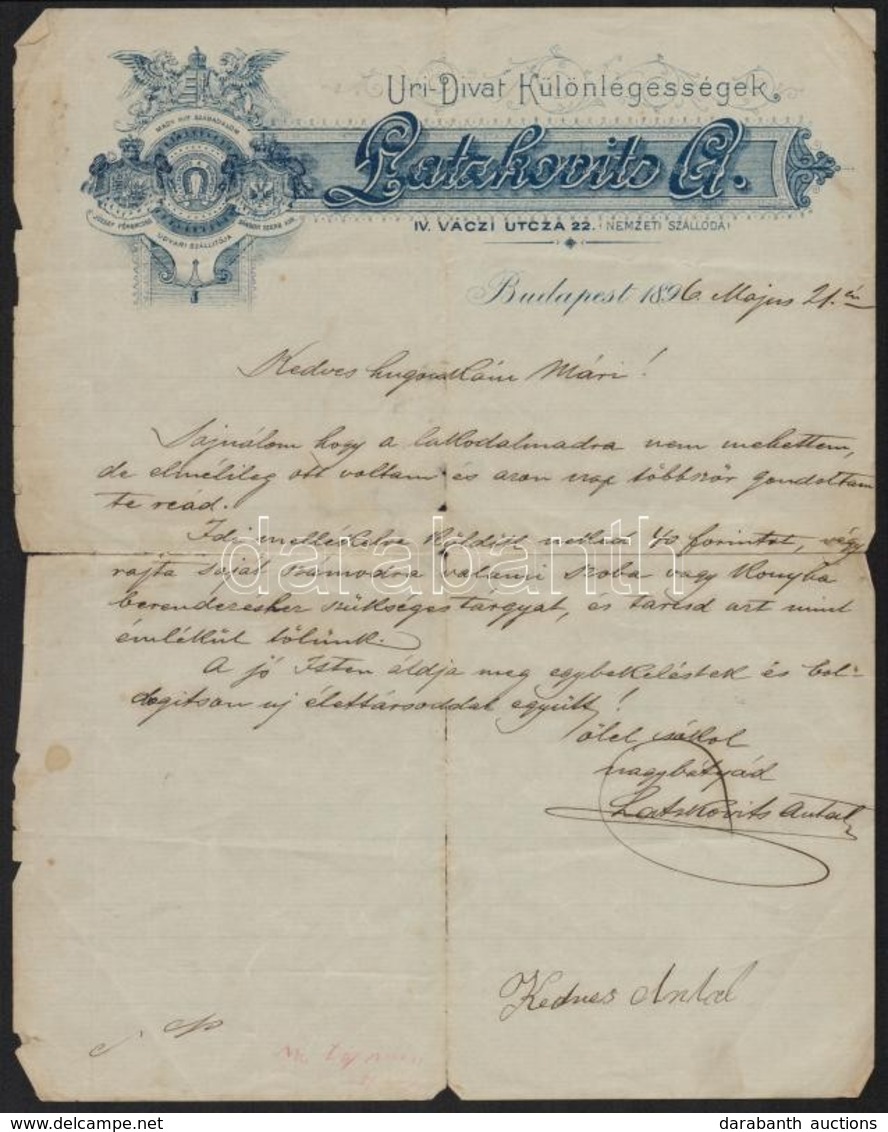 1896 Latzkovits Antal úridivat-árus Kézzel írt, Magyar Nyelvű Levele Hugának Lakodalma Alkalmából, Díszes Céges Fejléces - Non Classés