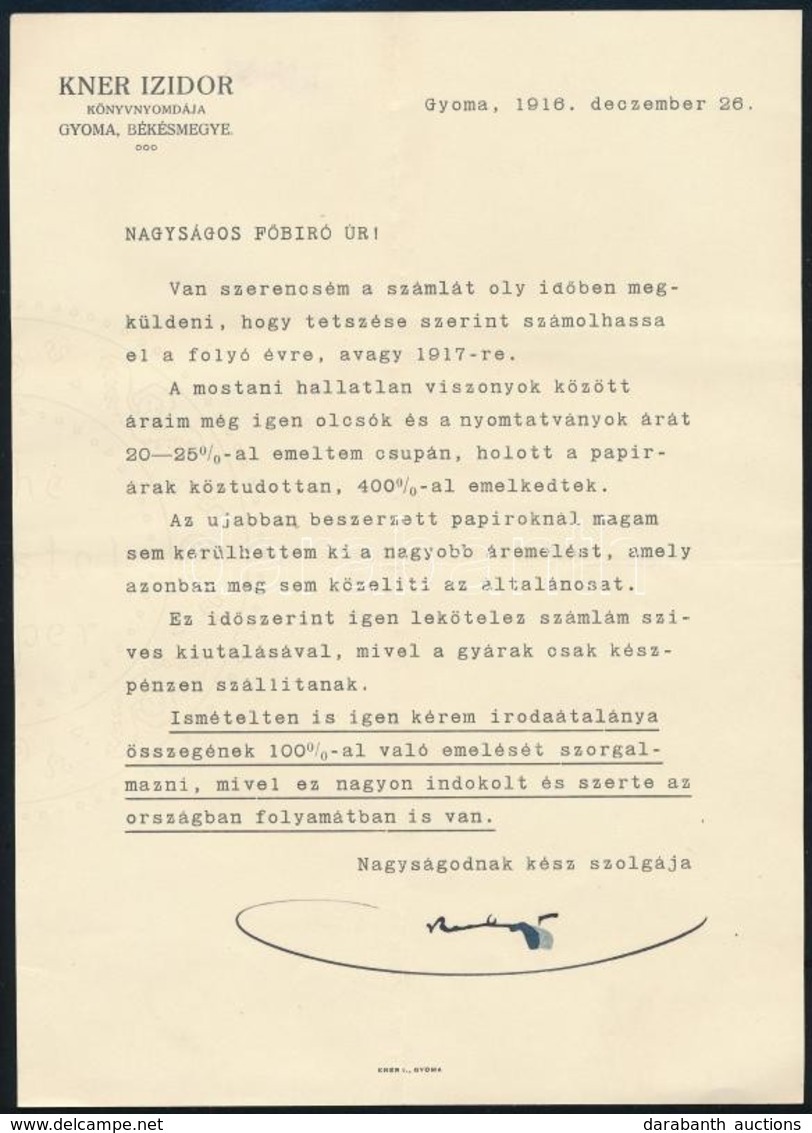 1916 Kner Izidor Gyomai Nyomdász Saját Kézzel Aláírt Levele - Ohne Zuordnung