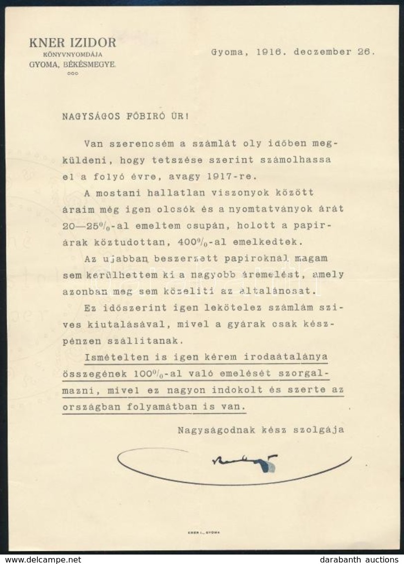 1916 Kner Izidor Gyomai Nyomdász Saját Kézzel Aláírt Levele - Unclassified