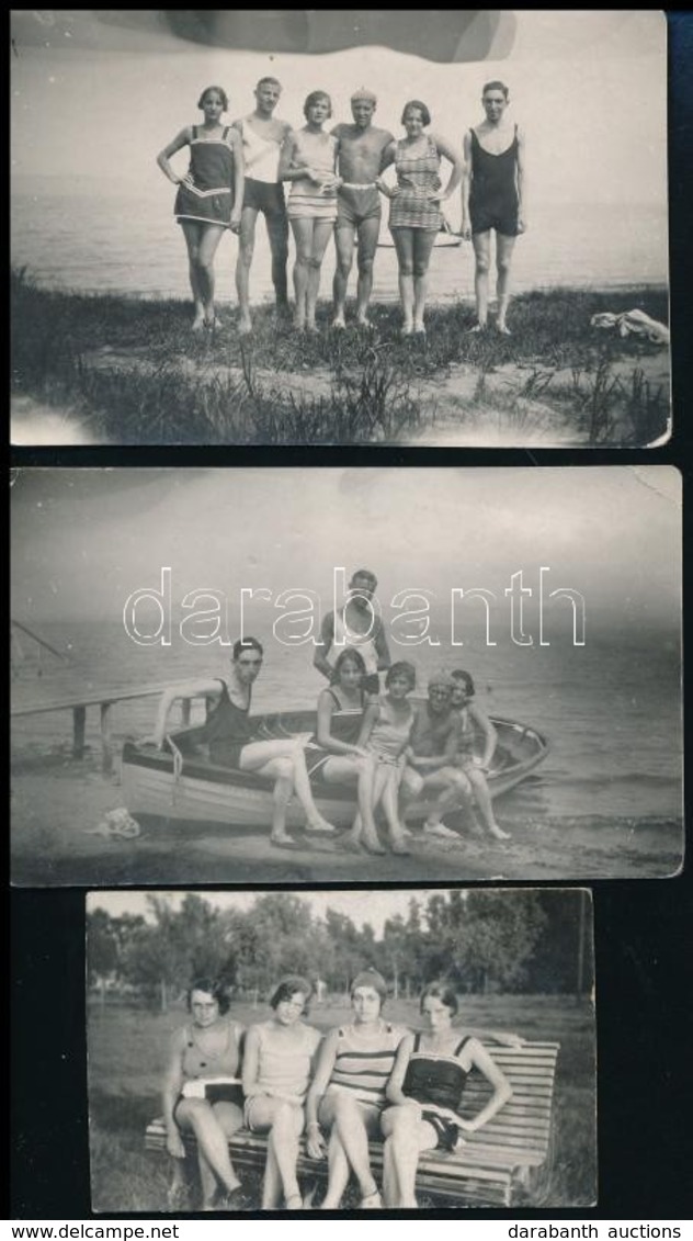 1928 Egy Forró Balatonlellei Nyár Emlékei, 3 Db Fotó, A Hátoldalon Feliratozva, 5x8 Cm és 4x6 Cm - Other & Unclassified