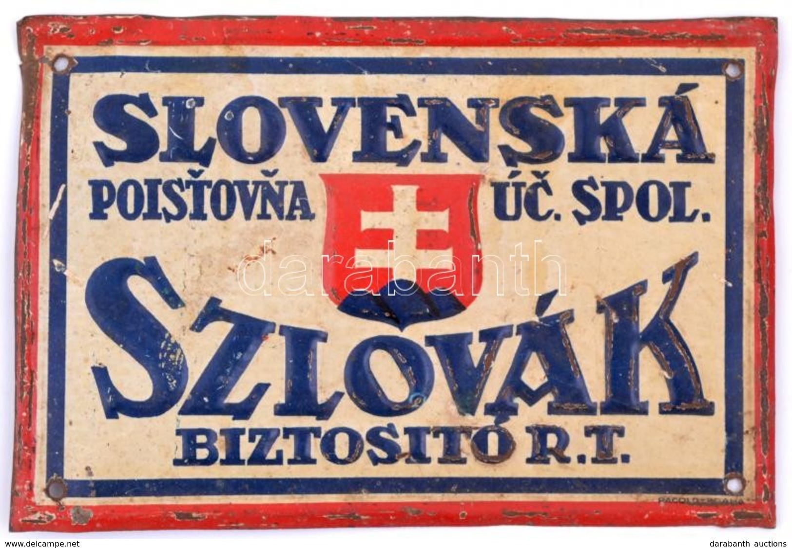 Szlovák Biztosító Rt. Slovenska Poistovna Festett Fém Tábla. 15x10,5 Cm - Publicités