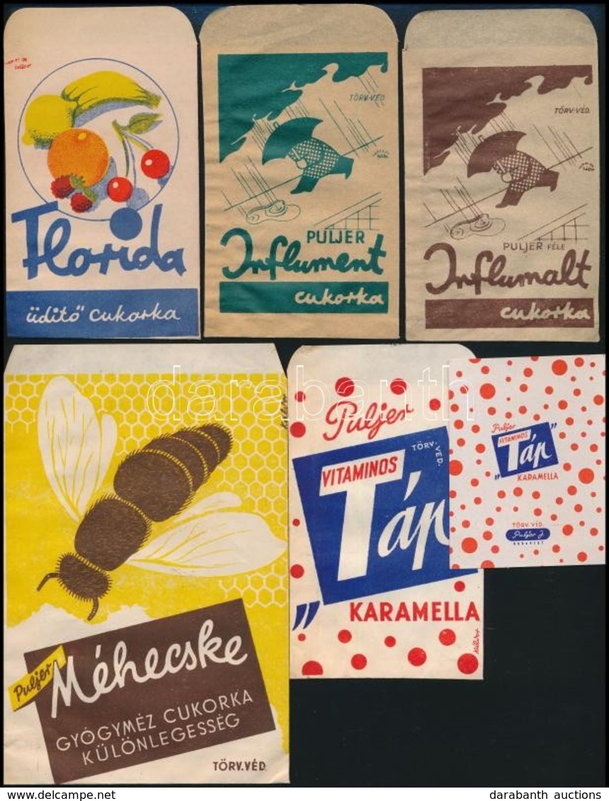 Cca 1940 6 Féle Gyógyszertári Gyógycukorka Reklámos Papírtasak és Címke (1 Db) / Pharmacy Pills Bags And Labels - Publicidad