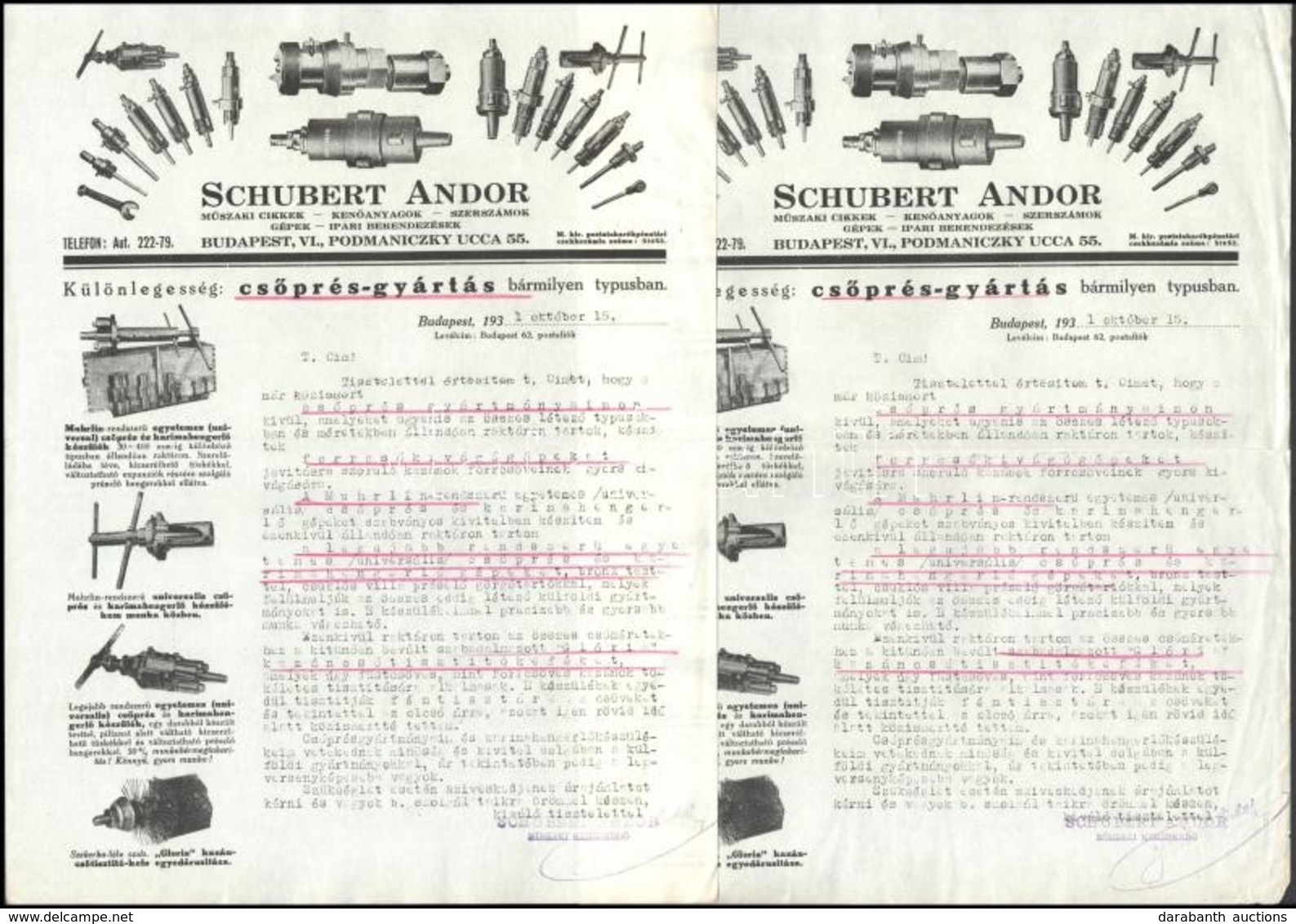 1933 Schubert Andor Műszaki Cikk Kereskedő 2 Képes Levélpapír. - Reclame