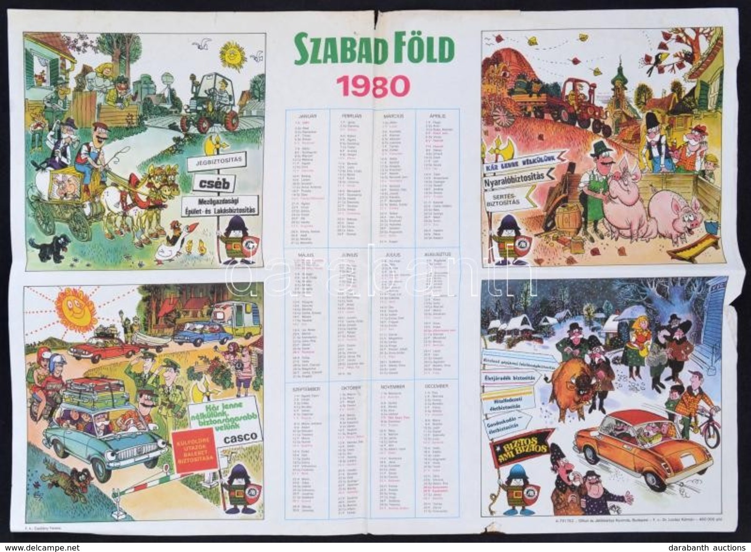 1980 Szabad Föld-naptár, Állami Biztosító Reklámmal, Offset és Játékkártya Nyomda, Szélein Kis Sérüléssel, 42×58 Cm - Werbung