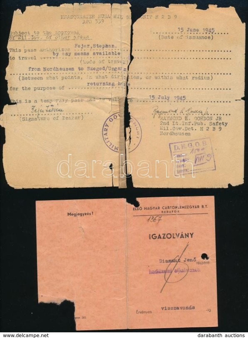 1945 Zsidó Deportált Szegedre Szóló Kettészakadt Utazási Igazolványa, Rajta A DEGOB Bélyegzőjével + 1944 Hiányos Igazolv - Other & Unclassified