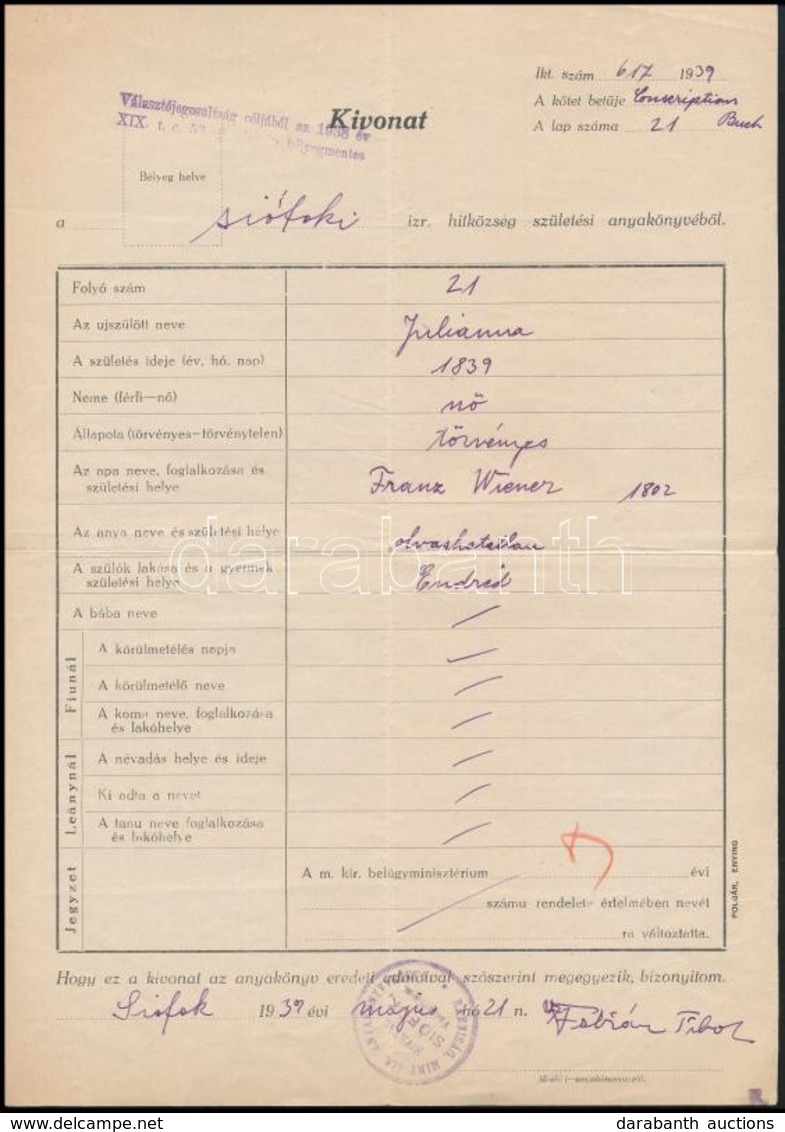 1939 Siófok, Születési Anyakönyvi Kivonat, A Siófoki Rabbi Aláírásával - Autres & Non Classés