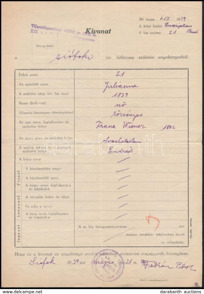 1939 Siófok, Születési Anyakönyvi Kivonat, A Siófoki Rabbi Aláírásával - Other & Unclassified