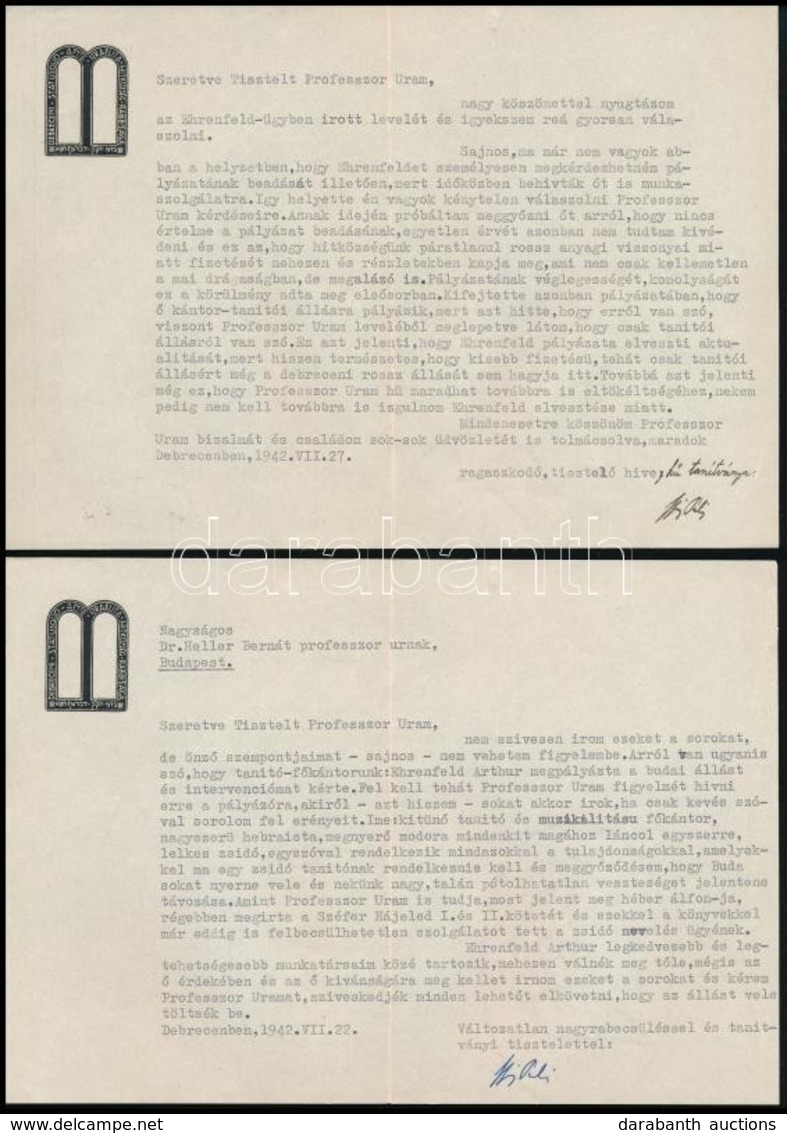 1942 Heller Bernát Orientalista, Rabbiképzői Tanár Saját Kézzel írt Levele A Debreceni Status Quo Ante Hitközség Vezetőj - Andere & Zonder Classificatie