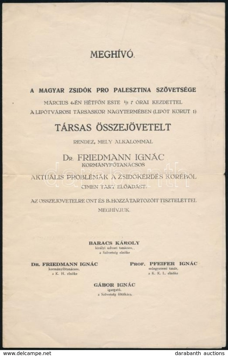 Cca 1910 Meghívó A Magyar Zsidók Pro Palesztína Szövetsége összejövetelére. 22x15 Cm - Sonstige & Ohne Zuordnung