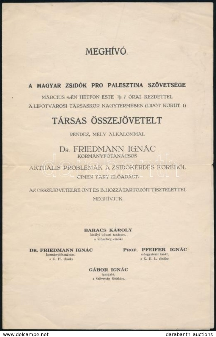 Cca 1910 Meghívó A Magyar Zsidók Pro Palesztína Szövetsége összejövetelére. 22x15 Cm - Otros & Sin Clasificación