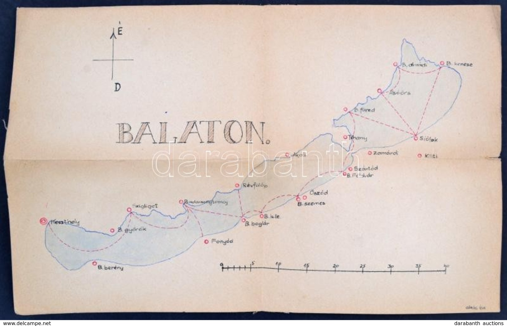 Cca 1940 Balaton Kézzel Rajzolt Térkép 38x22 Cm - Autres & Non Classés