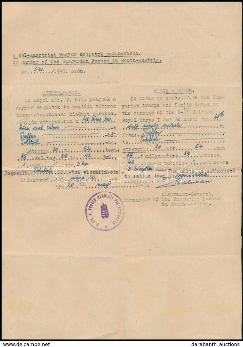 1945 A Dél-ausztriai Magyar Csapatok Parancsnoka által Kiadott Menetparancs - Andere & Zonder Classificatie
