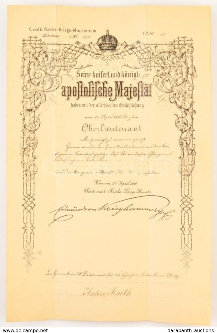 1896 Főhadnagyi Kinevezés Okirata Edmund Von Krieghammer Hadügyminiszter Aláírásával - Other & Unclassified