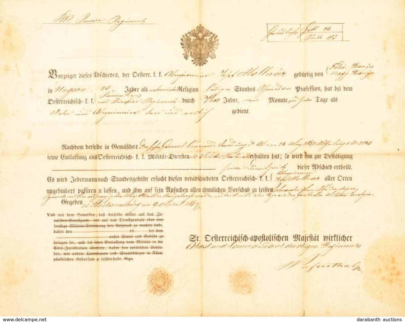 1867 Katonai Végelbocsájtó Levél, Obsit Magyar Katona Részére 49x38 Cm - Sonstige & Ohne Zuordnung