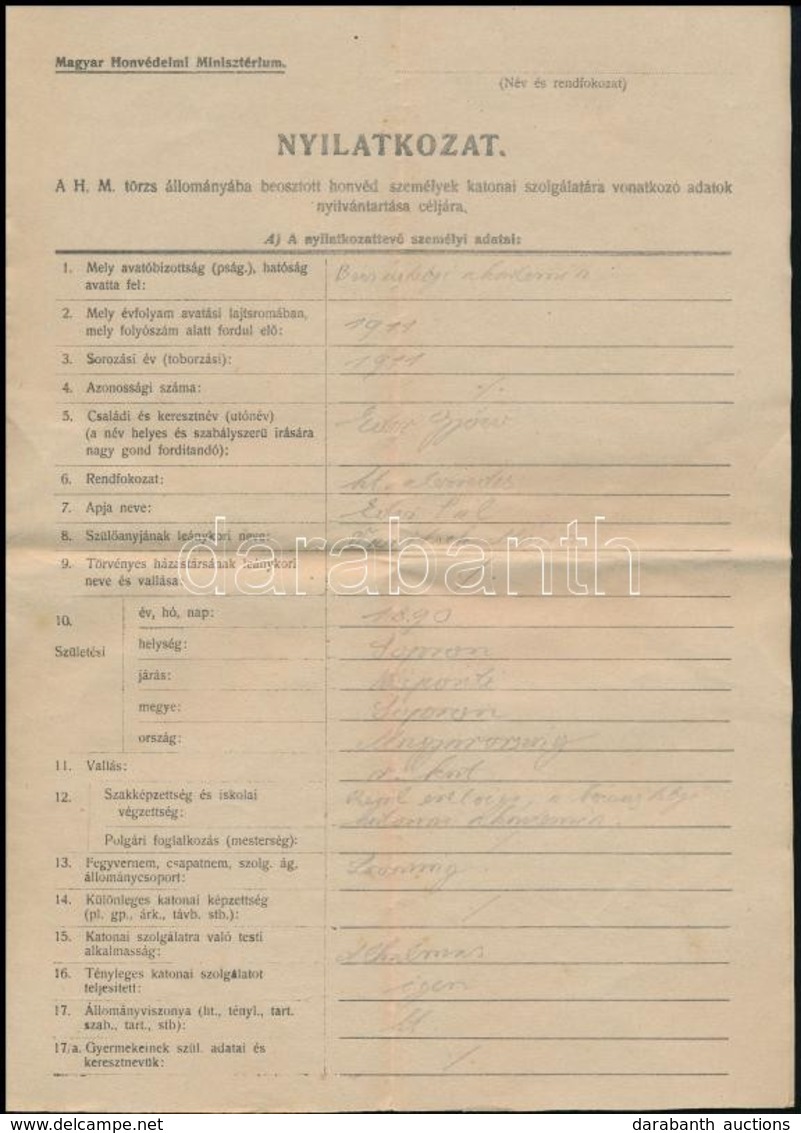 Cca 1945 Magyar Honvédelmi Minisztérium Nyilvántartási Nyilatkozata - Otros & Sin Clasificación