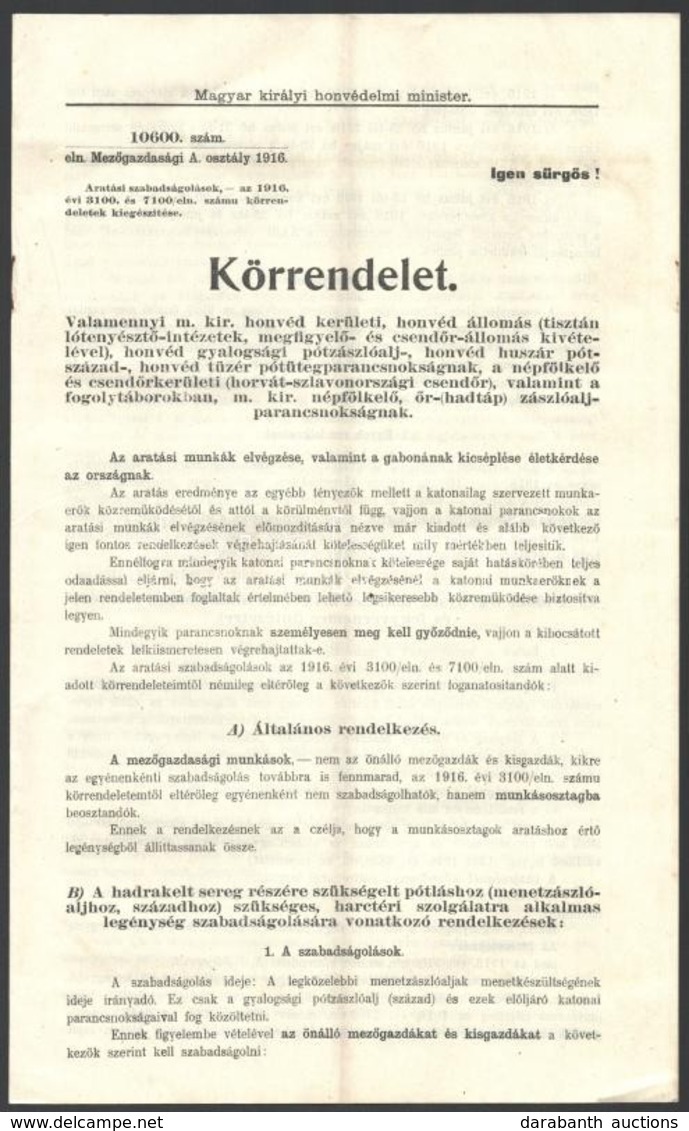 1916 Honvédelmi Miniszter Körrendelete Az Aratási Szabadságról Katonáknak 6p + Térkép 35x25 Cm - Other & Unclassified