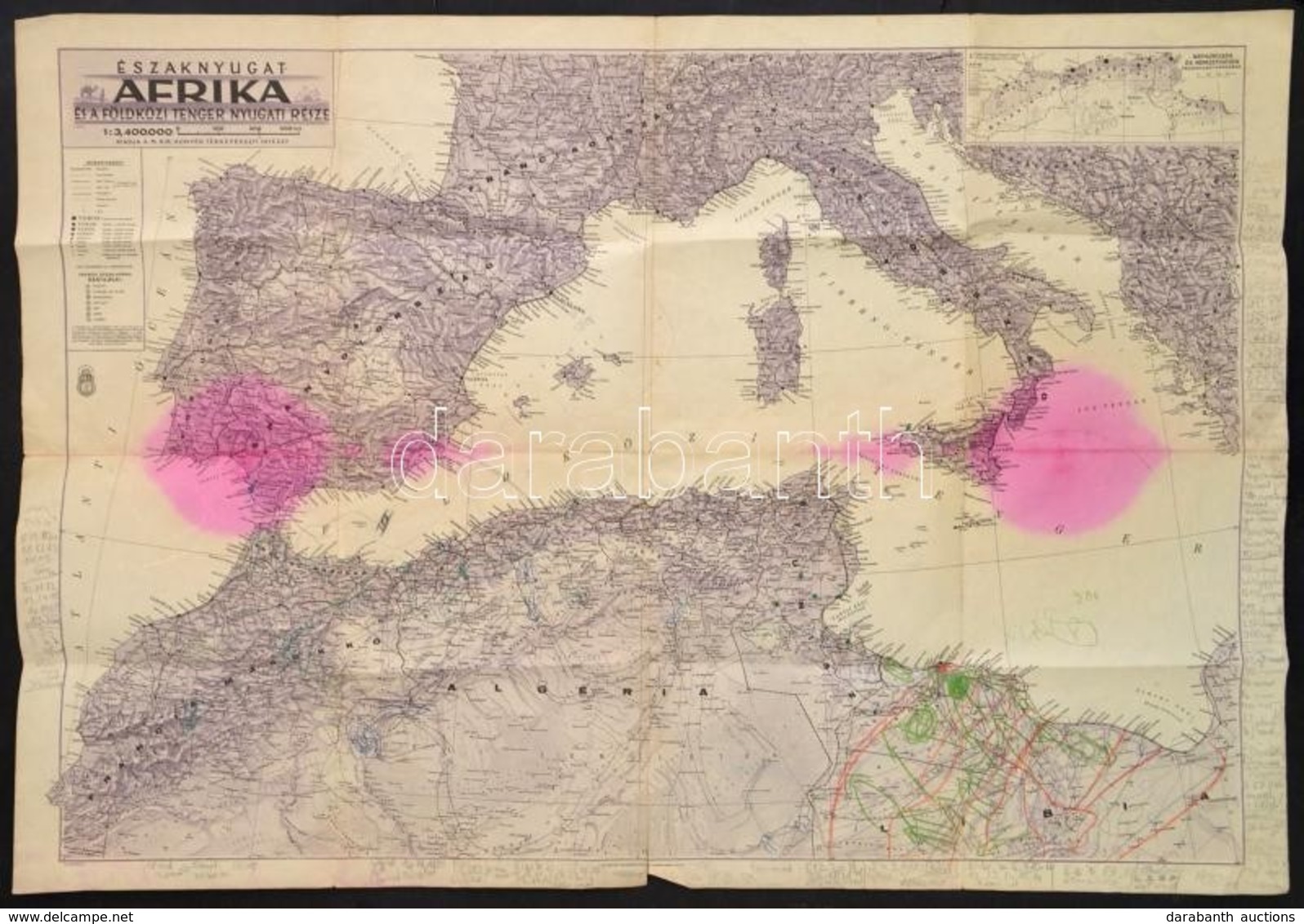 1942 Északnyugat-Afrika és A Földközi-tenger Nyugati Része, 1:3400000, M. Kir. Honvéd Térképészeti Intézet, Hajtott, 94× - Autres & Non Classés