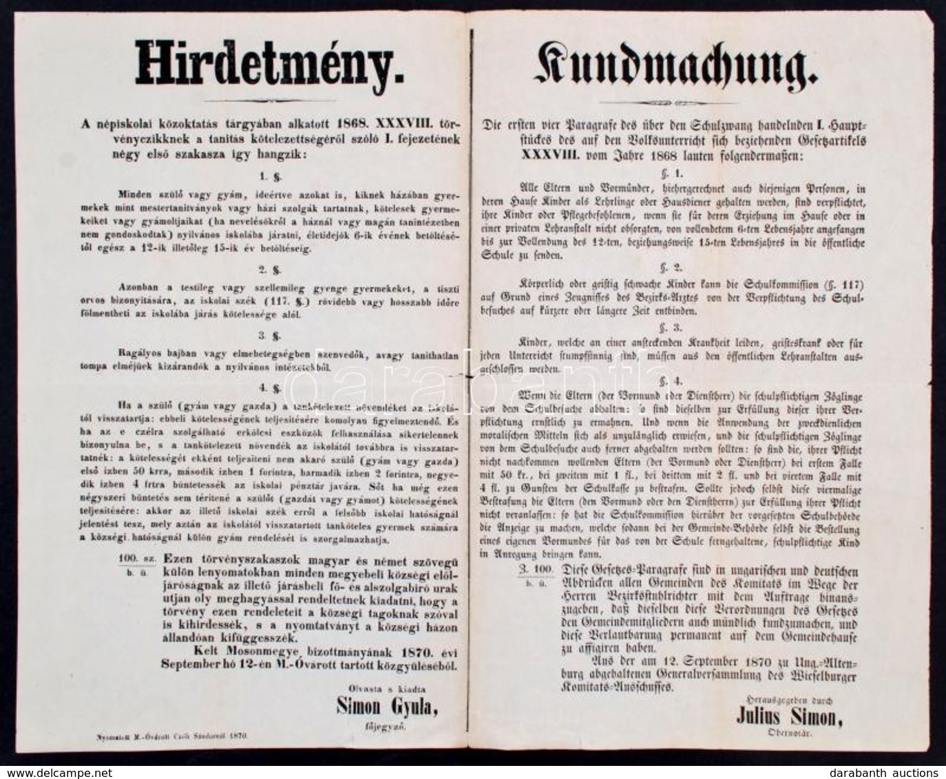 1846 Leirat A Tankötelezettség Felettiek Számára Felállított Vasárnapi Tanodákkal Kapcsolatban 5 Old. + 1870 Tanköteleze - Sin Clasificación