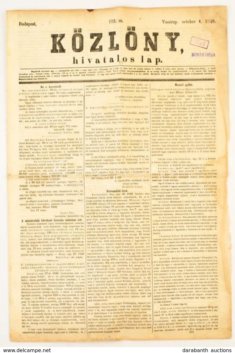 1848 Közlöny. Hivatalos Lap, 1848. Okt. 1. Szerk.: Gyurmán Adolf. Bp., M. K. Egyetemi Nyomda, Foltos, Hajtásnyommal, 577 - Ohne Zuordnung