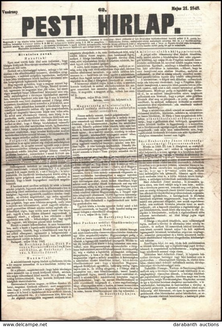 1848 Pesti Hírlap. 1848. Máj. 21. 62 Sz. Szerk.: Csengeri Antal-Kemény Zsigmond. Pest, Landerer Lajos-ny., Hajtásnyomokk - Zonder Classificatie