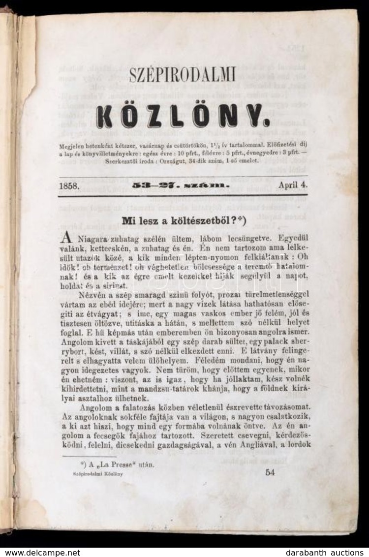 1858 Szépirodalmi Közlöny, 1858. Április 4. - Június 27. I. évfolyam Második Fele, Töredék évfolyam, 53-27.-77-51. Számo - Ohne Zuordnung