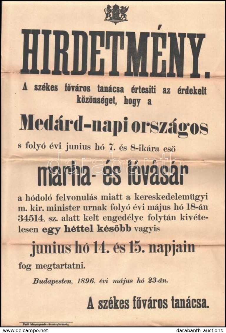 1896 Medárd Napi Országos Marha- és Lóvásár Hirdetménye. Budapest. 30x42 Cm - Zonder Classificatie