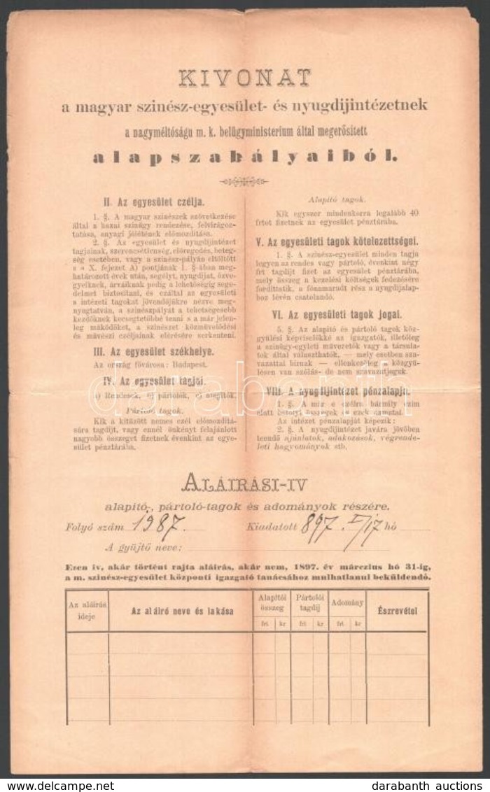 1897 Magyar Színész Egyesület és Nyugdíj Intézel Alapszabályai Kivonat. - Unclassified