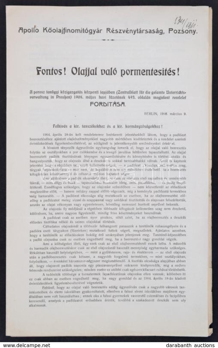 1908 Az Apollo Kőolajfinomító Rt. Hirdetménye Közegészségügyi Rendeletről, Magyar és Német Nyelven - Non Classés