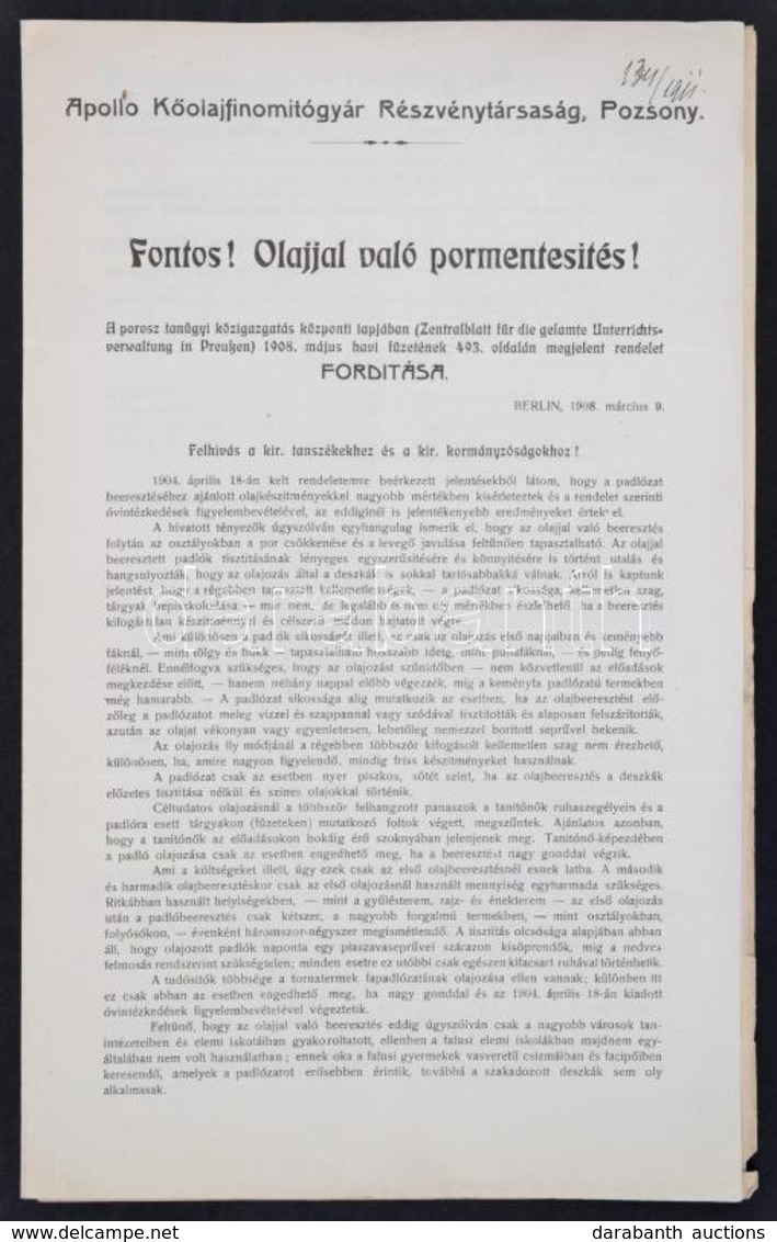 1908 Az Apollo Kőolajfinomító Rt. Hirdetménye Közegészségügyi Rendeletről, Magyar és Német Nyelven - Sin Clasificación