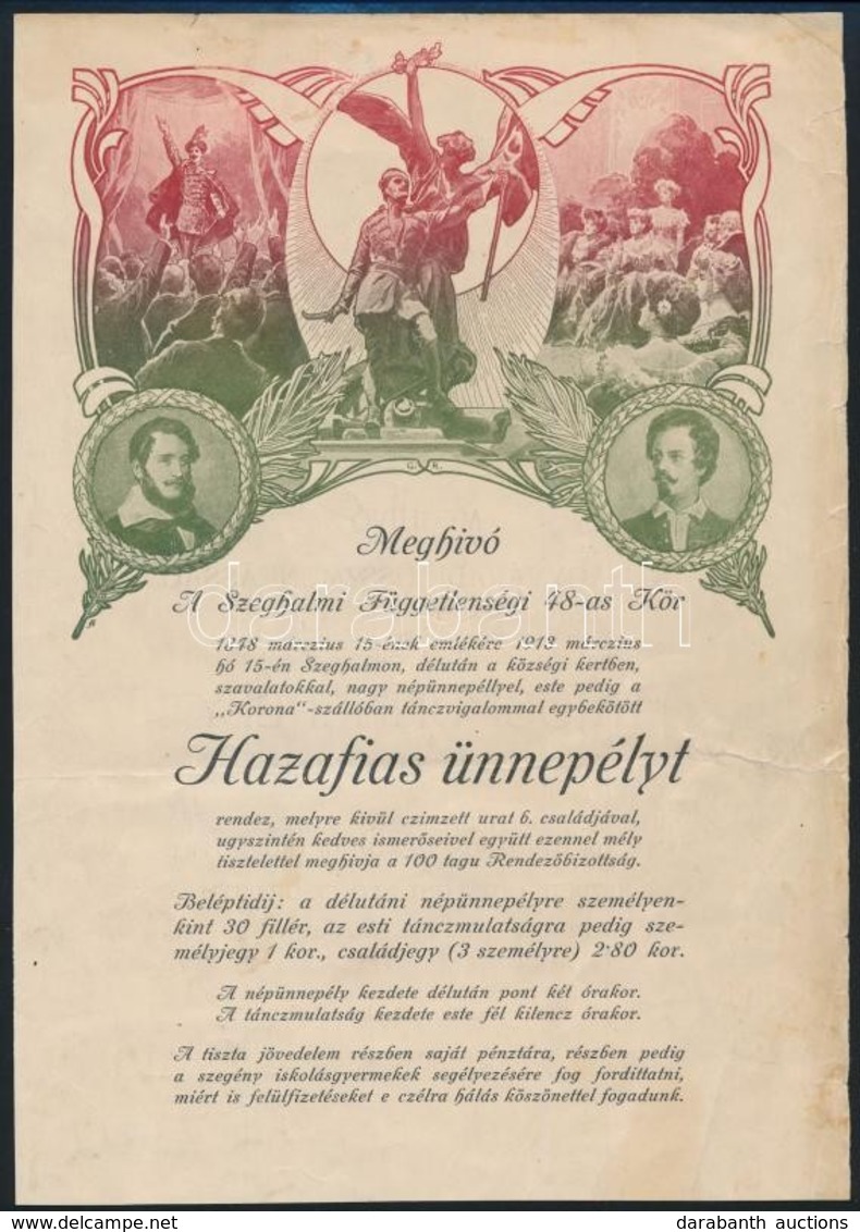 1913 Szeghalom, Szeghalmi Függetlenségi 48-as Kör Hazafias Népünnepély Meghívója, 1913. Máj. 15., A Túloldalán: Nagyvára - Unclassified