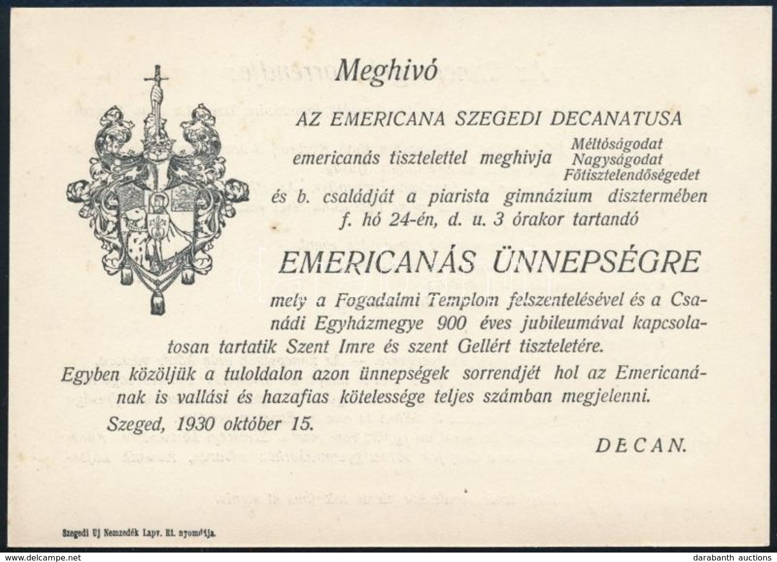 1930 Szeged, Meghívó Emericanás ünnepségre - Zonder Classificatie