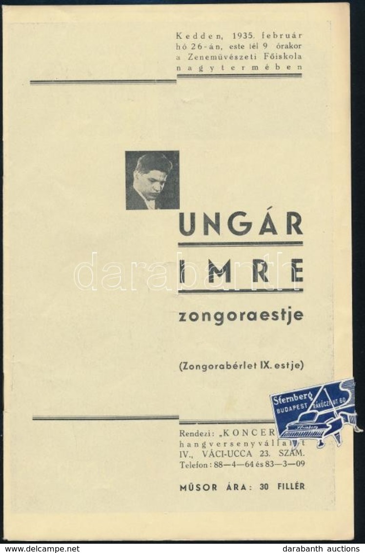 1935 Ungár Imre Zongoraestje, Koncertfüzet, Tűzött Papírkötésben - Zonder Classificatie