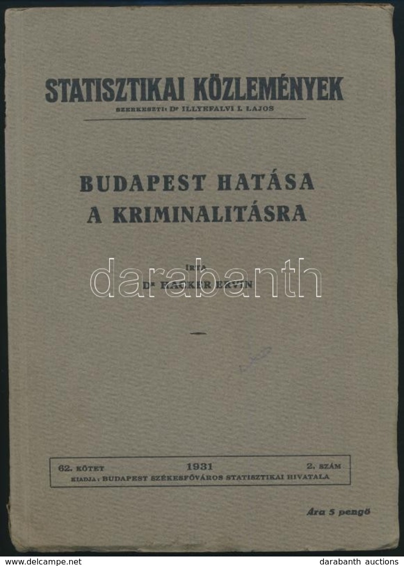 Hacker Ervin: Budapest Hatása A Kriminalitásra. Bp., 1931. KSH. 70p. - Zonder Classificatie