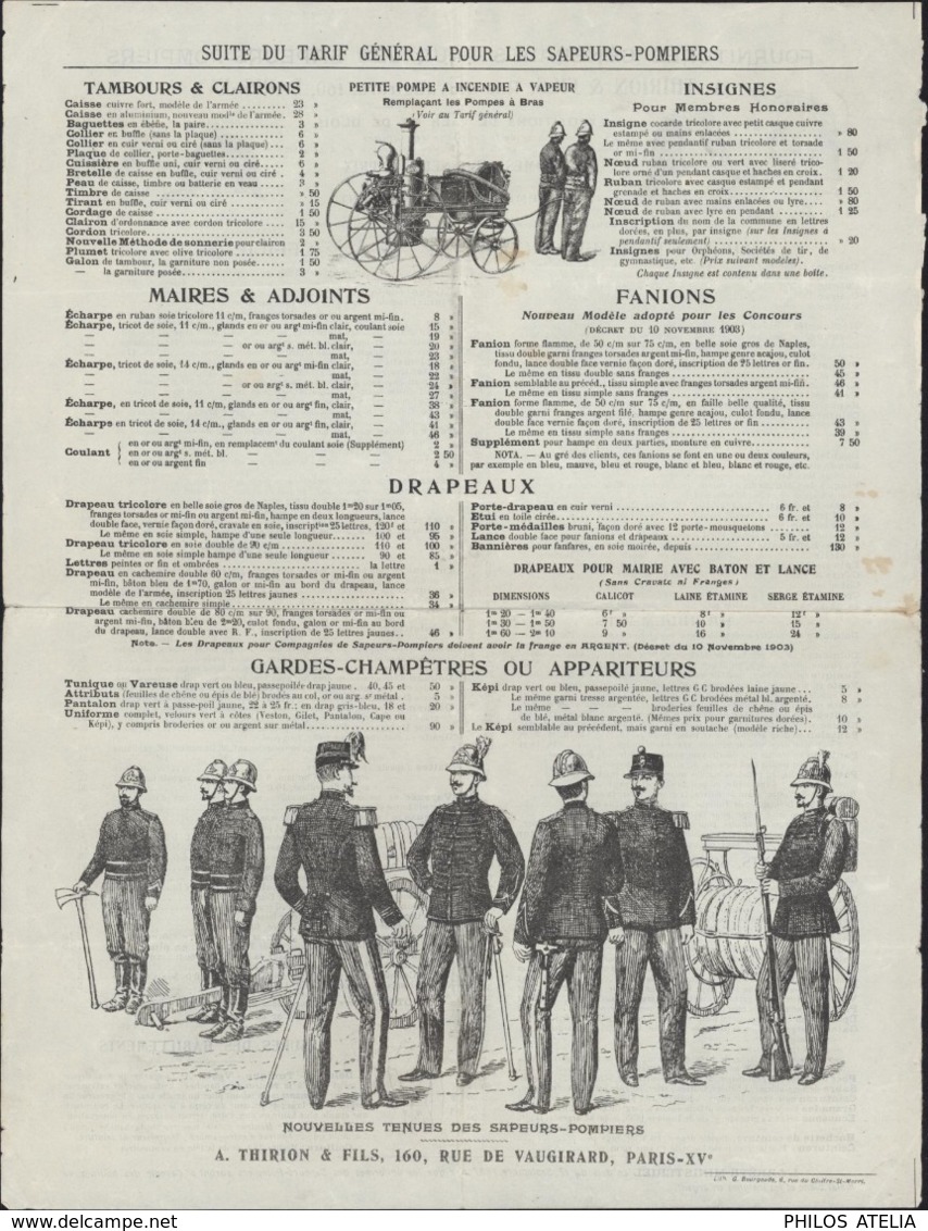 France Tarif Général Pour Sapeurs Pompiers Uniforme Matériel Environ 1903 Et Avant - Non Classés