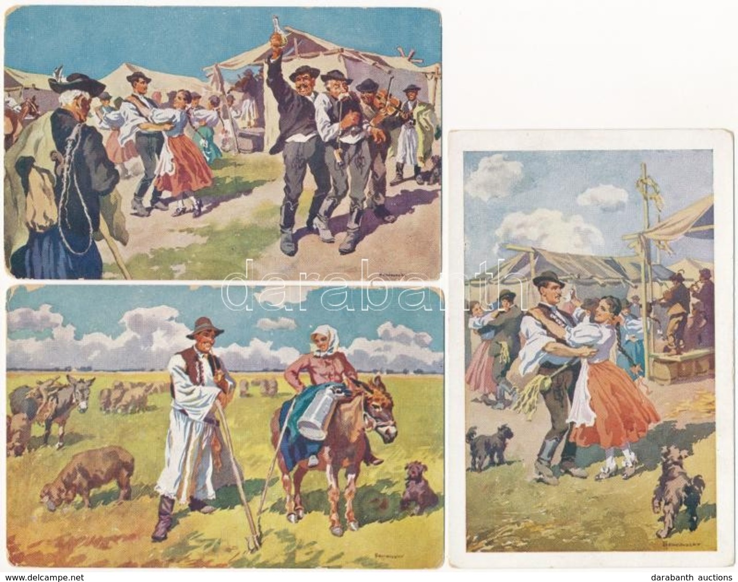 ** 6 Db Régi Magyar Folklór Művészlap Benyovszky Szignójával / 6 Pre-1945 Hungarian Folklore Art Postcards Signed By Ben - Zonder Classificatie