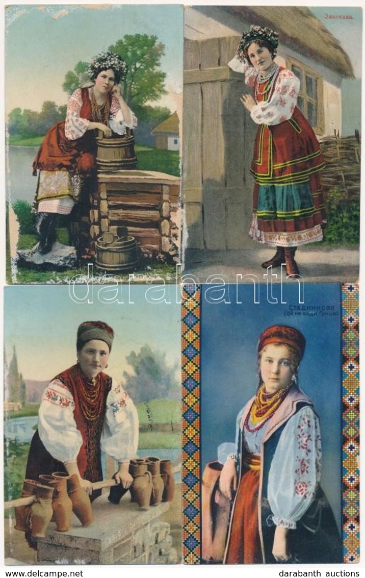 4 Db RÉGI Ukrán Népviseletes Motívumlap / 4 Pre-1945 Ukrainian Folklore Motive Postcards - Unclassified